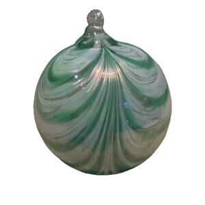 Vintage Hand Blown Glass Green Swirl Orb Ornament 3.5”